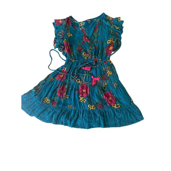 Women’s ANGIE Teal floral Mini Dress V Neck Tassels vibrant Colors 1X - Picture 2 of 6